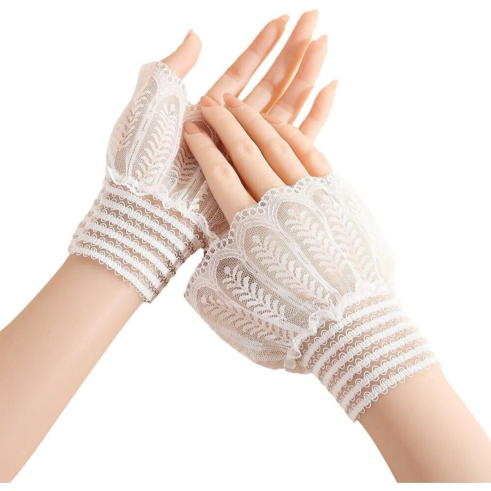Women's Evening White Short Lace Wrist Cuffs Gloves Party Costume Accessory